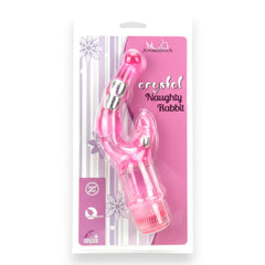 Vibrador Crystal Naughty doble estimulación, curva para punto G y estimulador de clítoris, diseño elegante y atrevido, Glow & Vibe.