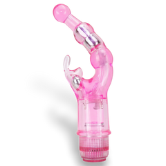 Vibrador Crystal Naughty doble estimulación, curva para punto G y estimulador de clítoris, diseño elegante y atrevido, Glow & Vibe.