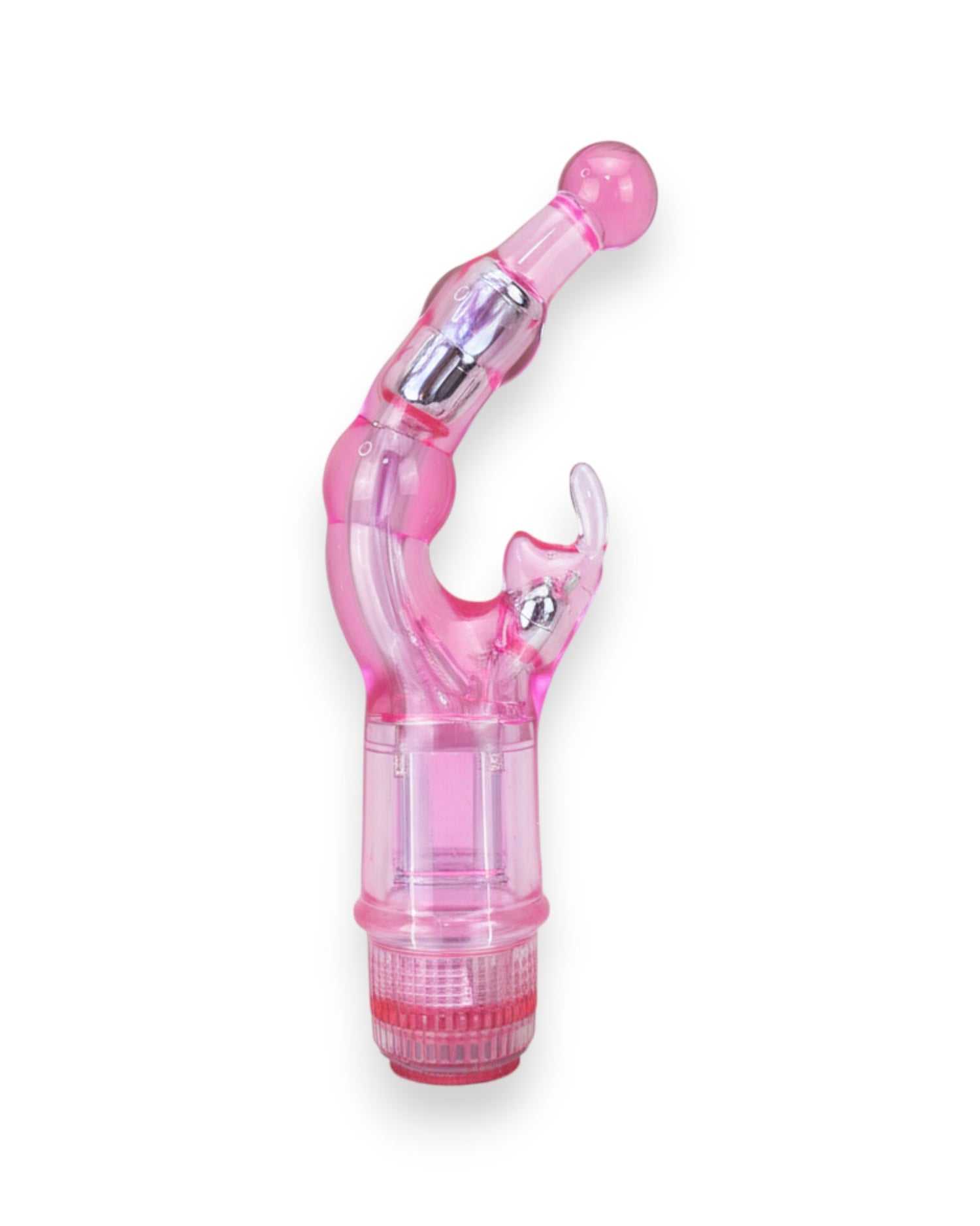 Vibrador Crystal Naughty doble estimulación, curva para punto G y estimulador de clítoris, diseño elegante y atrevido, Glow & Vibe.