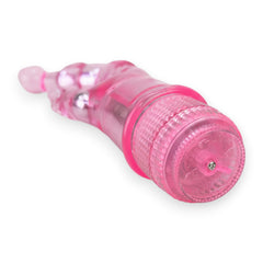 Vibrador Crystal Naughty doble estimulación, curva para punto G y estimulador de clítoris, diseño elegante y atrevido, Glow & Vibe.