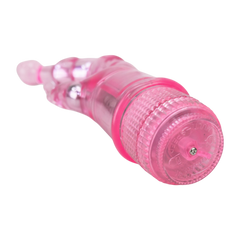 Vibrador Crystal Naughty doble estimulación, curva para punto G y estimulador de clítoris, diseño elegante y atrevido, Glow & Vibe.