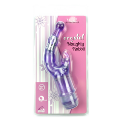 Vibrador Crystal Naughty doble estimulación, curva para punto G y estimulador de clítoris, diseño elegante y atrevido, Glow & Vibe.