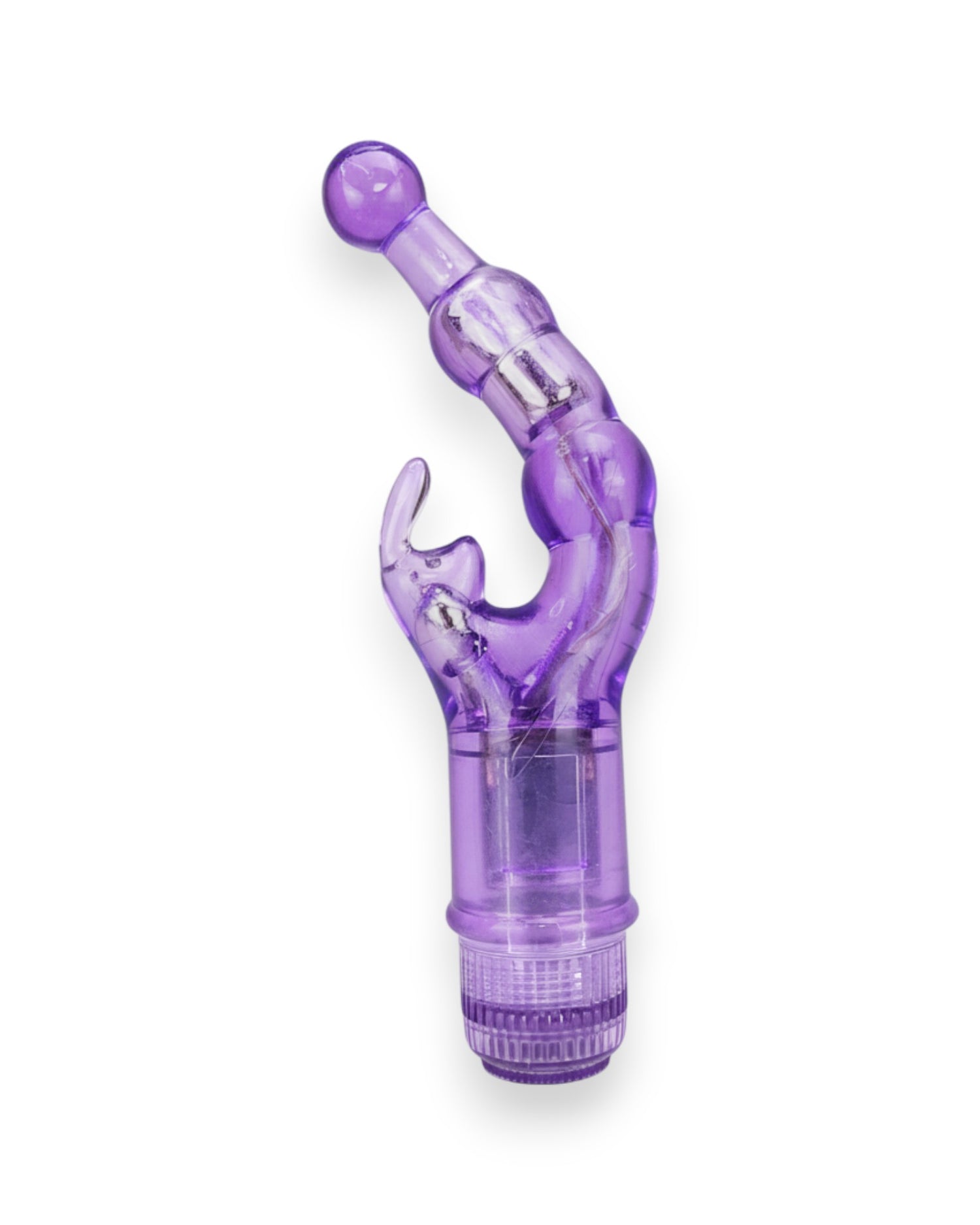 Vibrador Crystal Naughty doble estimulación, curva para punto G y estimulador de clítoris, diseño elegante y atrevido, Glow & Vibe.