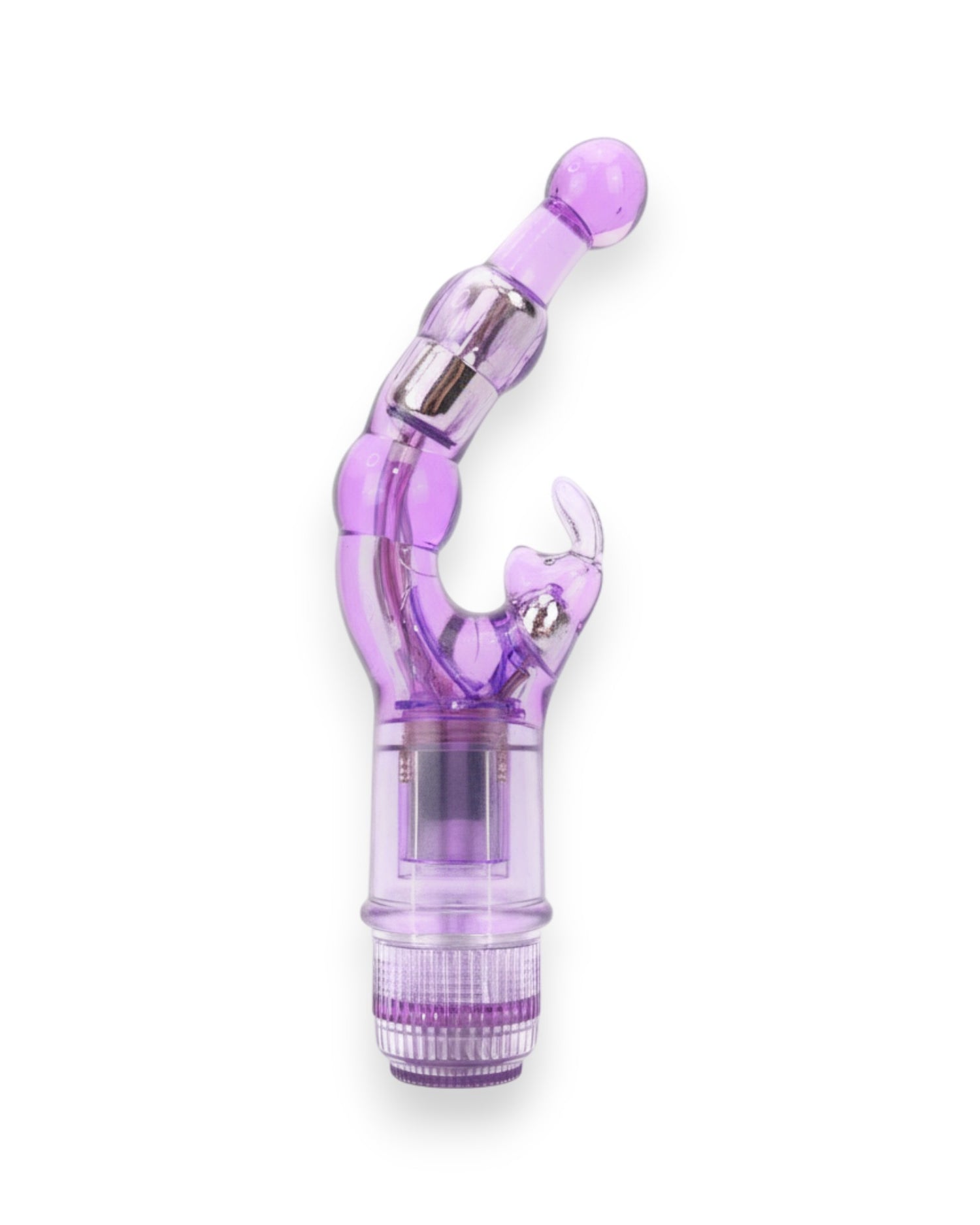 Vibrador Crystal Naughty doble estimulación, curva para punto G y estimulador de clítoris, diseño elegante y atrevido, Glow & Vibe.