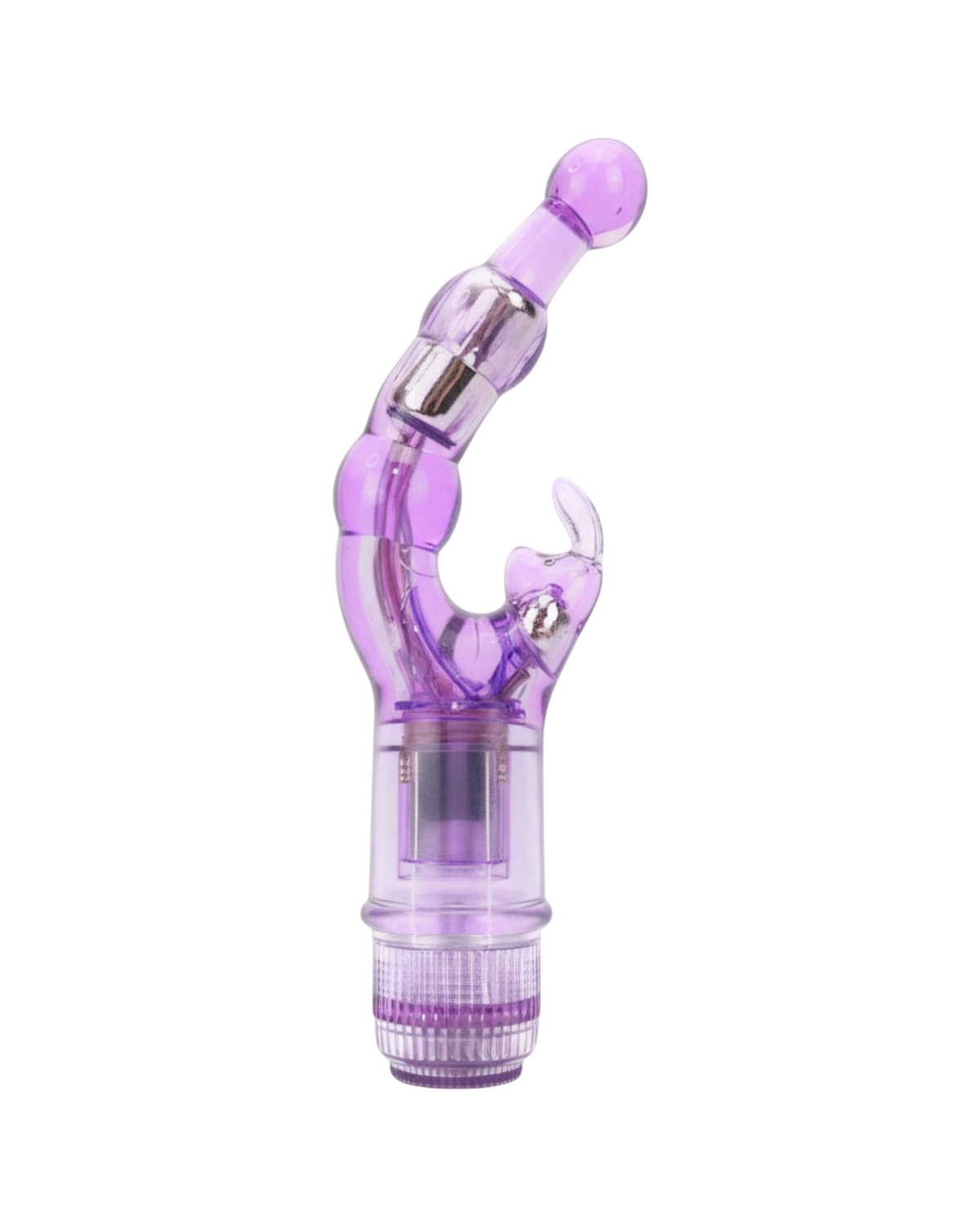 Vibrador Crystal Naughty doble estimulación, curva para punto G y estimulador de clítoris, diseño elegante y atrevido, Glow & Vibe.