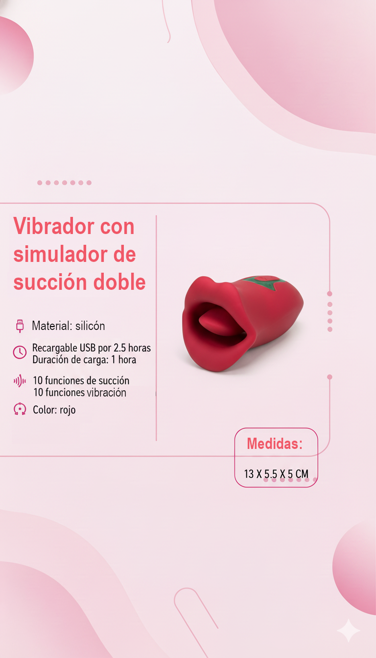 Estimulador Kiss Mouth con 10 funciones de succión, diseño elegante y sensual Glow & Vibe.