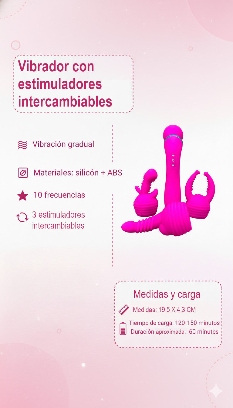 Varita vibradora Glow Wand con tres estimuladores intercambiables, vibrador versátil y elegante, juguete sensual Glow & Vibe.