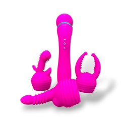 Varita vibradora Glow Wand con tres estimuladores intercambiables, vibrador versátil y elegante, juguete sensual Glow & Vibe.