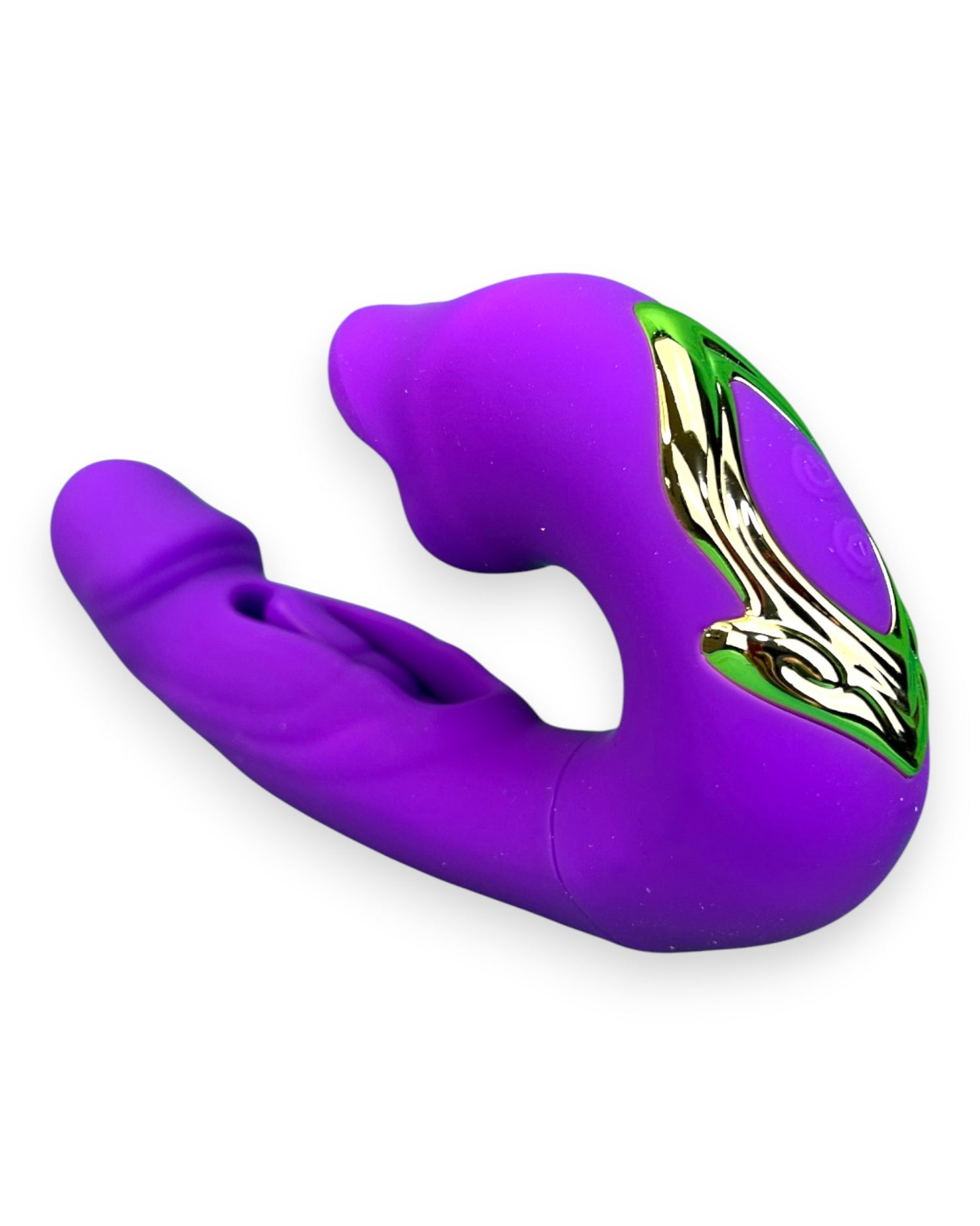 Vibrador Royal Tongue triple con motor y estimulador móvil de punto G, simulación de lengua y mordiscos, diseño elegante Glow & Vibe.