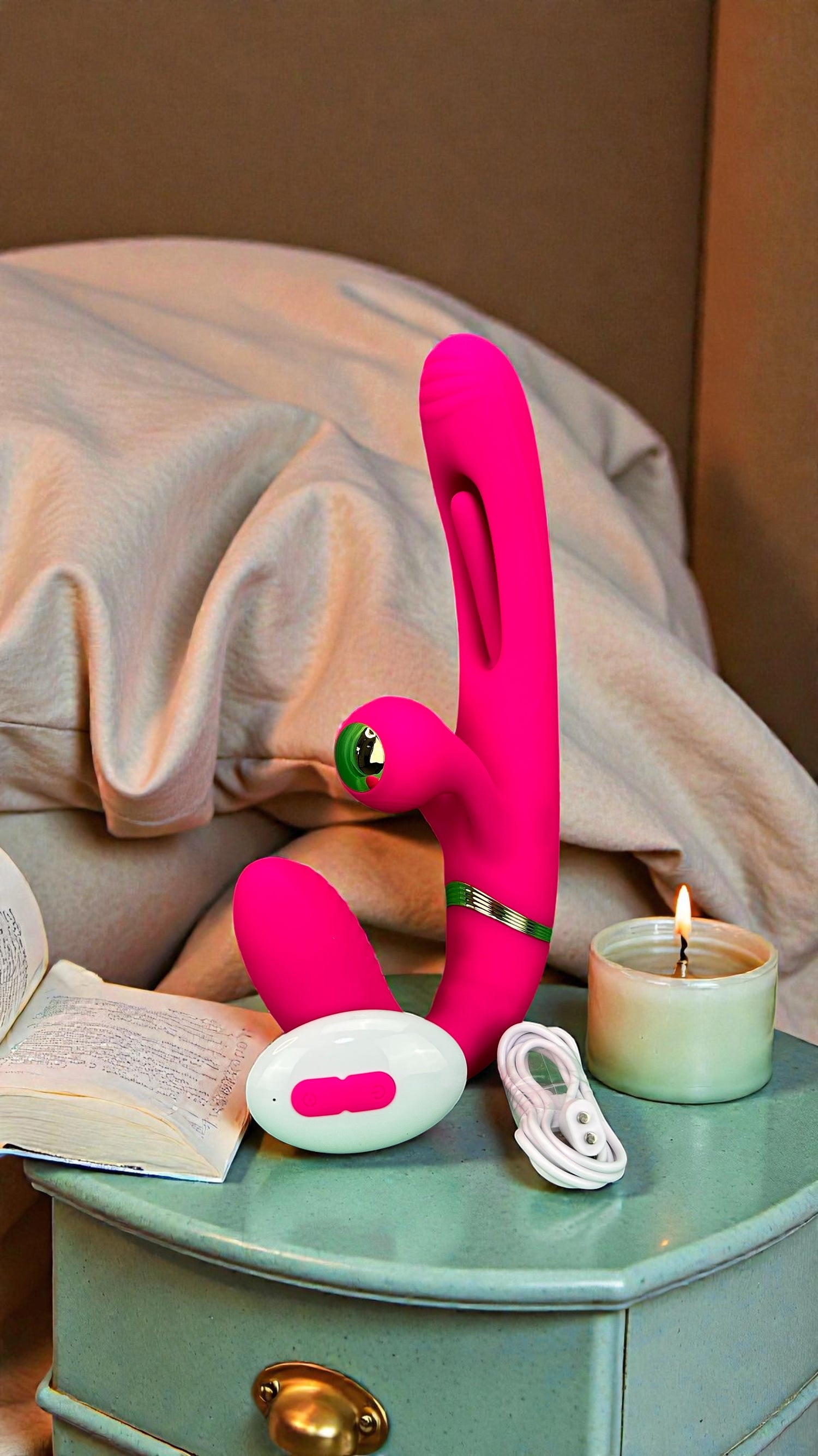Vibrador Triple Desire con triple motor, punto G móvil y pulsaciones intensas en el clítoris, diseño texturizado y elegante Glow & Vibe.