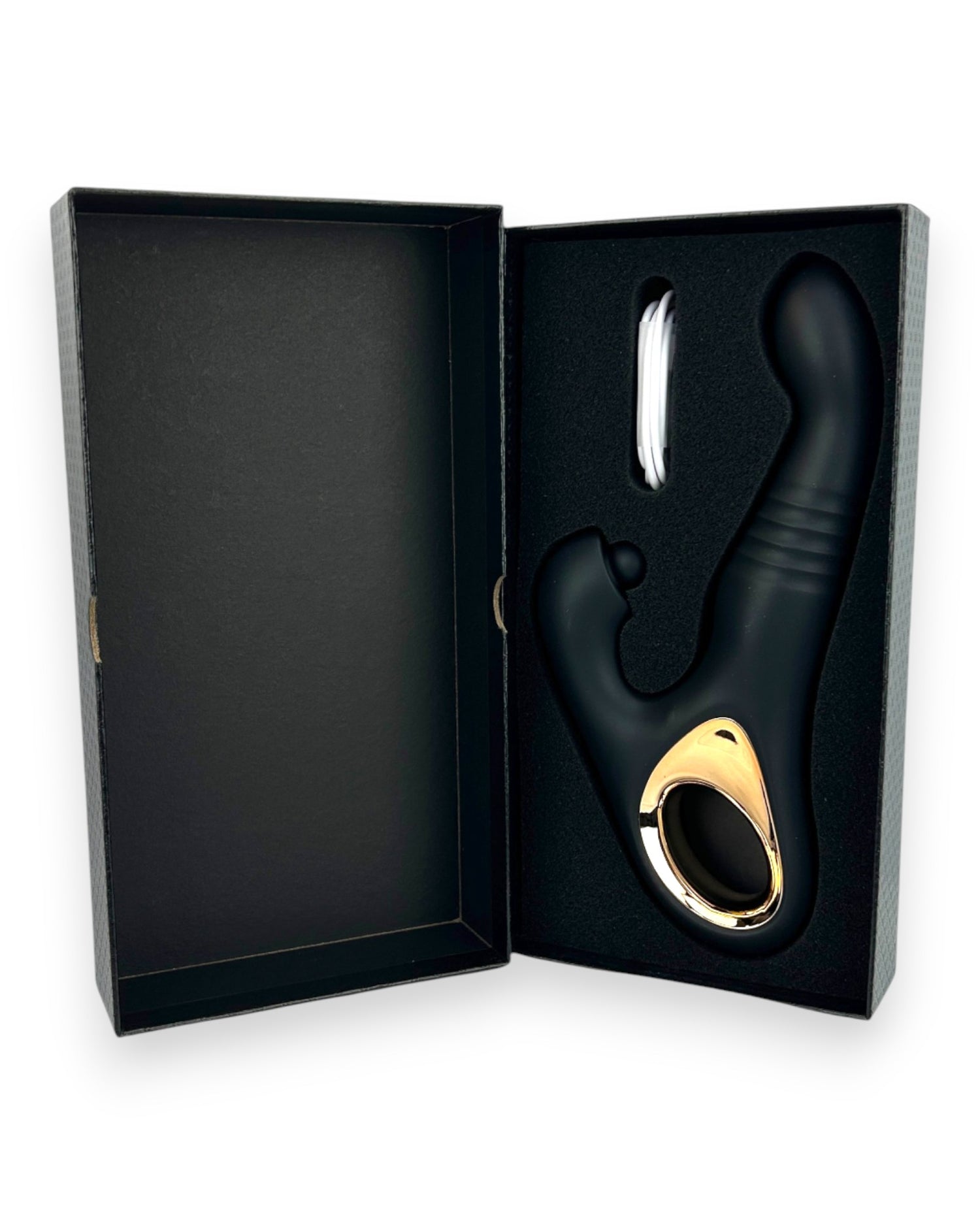 Vibrador Tabitha Vibe triple motor con pistón lateral y estimulador de clítoris con pulsaciones, diseño elegante Glow & Vibe.