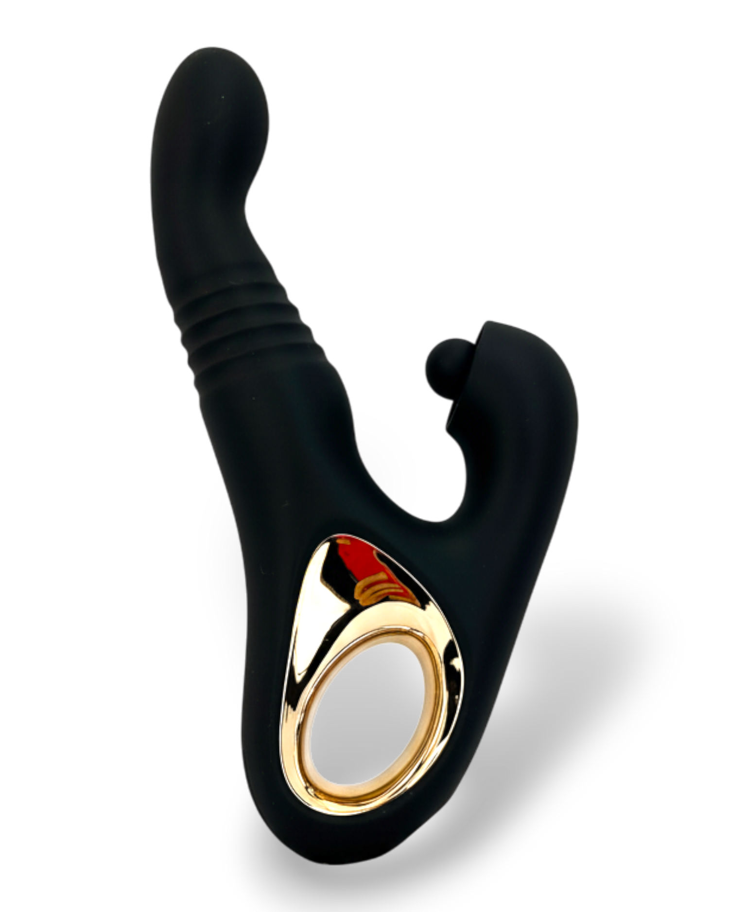 Vibrador Tabitha Vibe triple motor con pistón lateral y estimulador de clítoris con pulsaciones, diseño elegante Glow & Vibe.