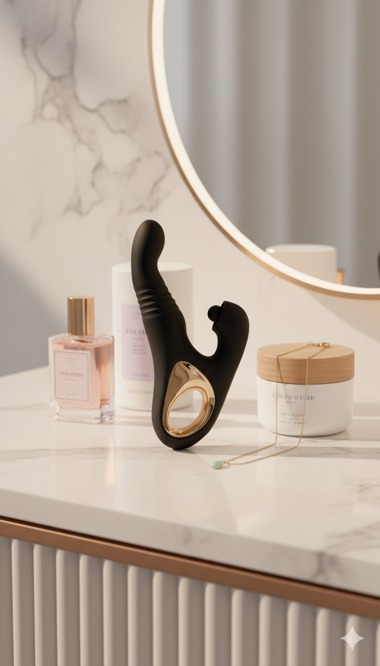 Vibrador Tabitha Vibe triple motor con pistón lateral y estimulador de clítoris con pulsaciones, diseño elegante Glow & Vibe.