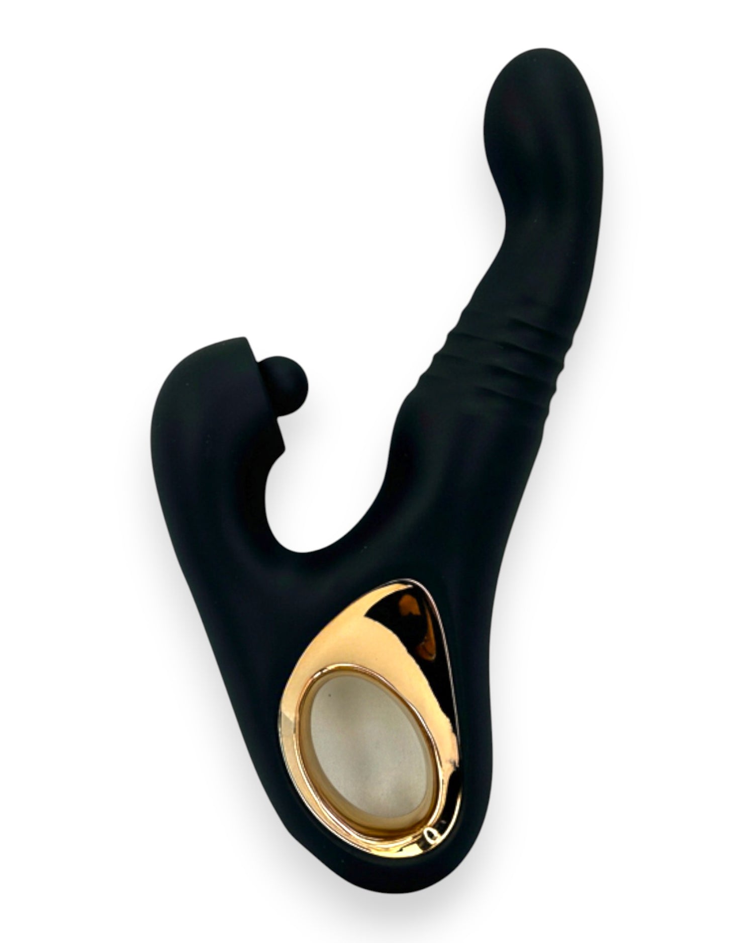 Vibrador Tabitha Vibe triple motor con pistón lateral y estimulador de clítoris con pulsaciones, diseño elegante Glow & Vibe.