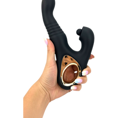 Vibrador Tabitha Vibe triple motor con pistón lateral y estimulador de clítoris con pulsaciones, diseño elegante Glow & Vibe.
