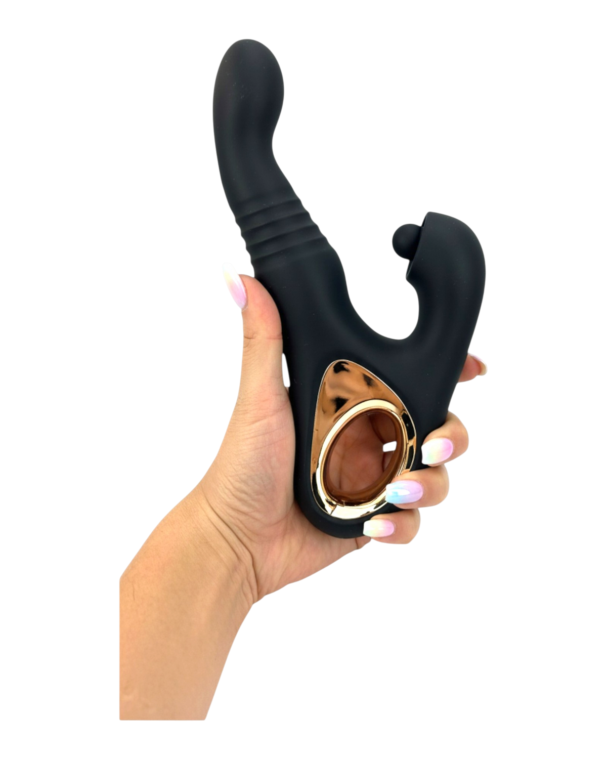 Vibrador Tabitha Vibe triple motor con pistón lateral y estimulador de clítoris con pulsaciones, diseño elegante Glow & Vibe.