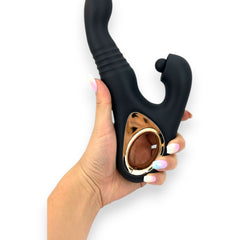 Vibrador Tabitha Vibe triple motor con pistón lateral y estimulador de clítoris con pulsaciones, diseño elegante Glow & Vibe.