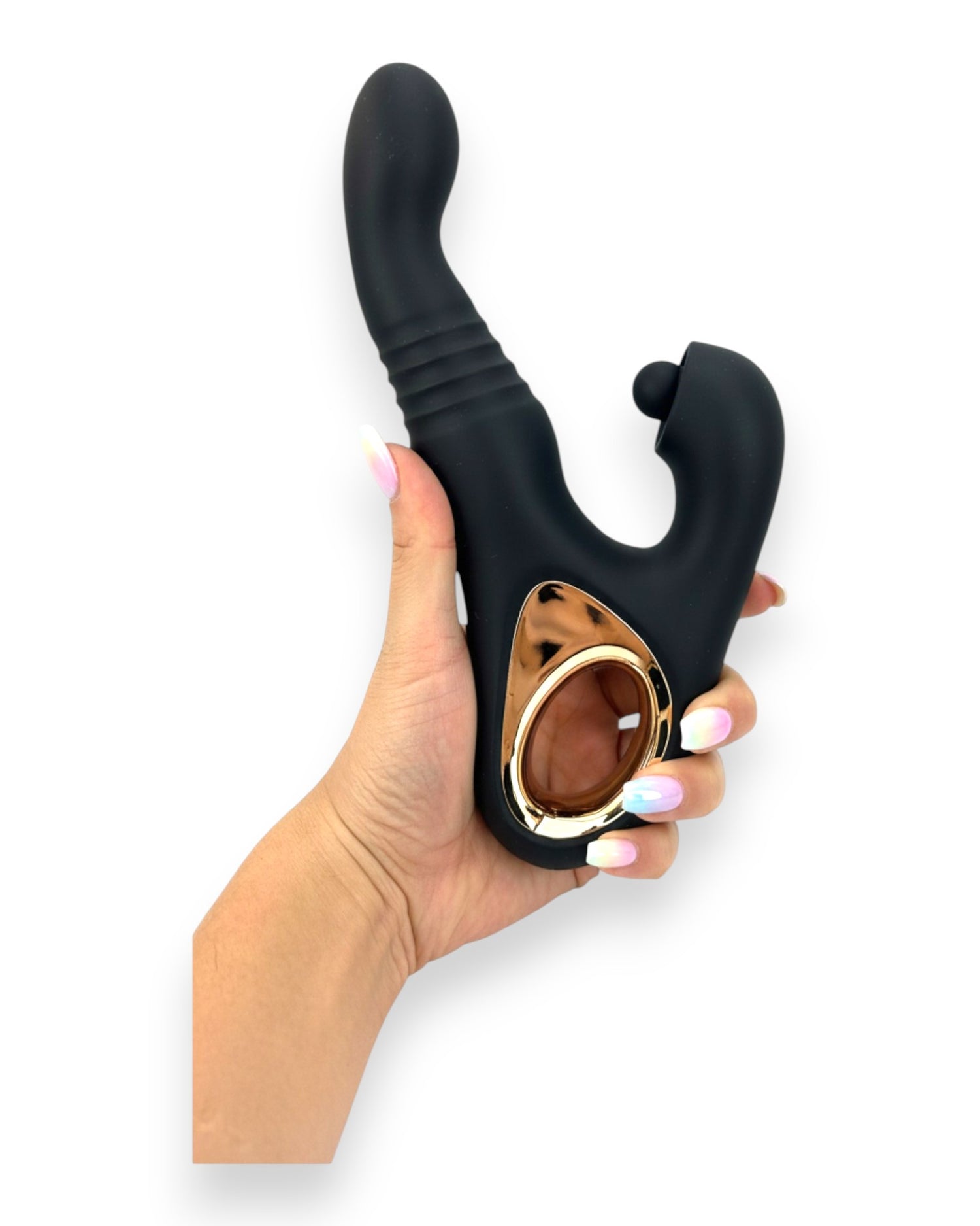 Vibrador Tabitha Vibe triple motor con pistón lateral y estimulador de clítoris con pulsaciones, diseño elegante Glow & Vibe.
