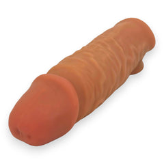 Mega Grip Sleeve Glow & Vibe, funda extensora realista de Magic Flesh con soporte para testículos y textura estimulante.