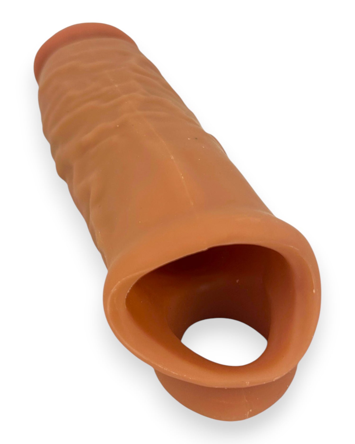 Mega Grip Sleeve Glow & Vibe, funda extensora realista de Magic Flesh con soporte para testículos y textura estimulante.