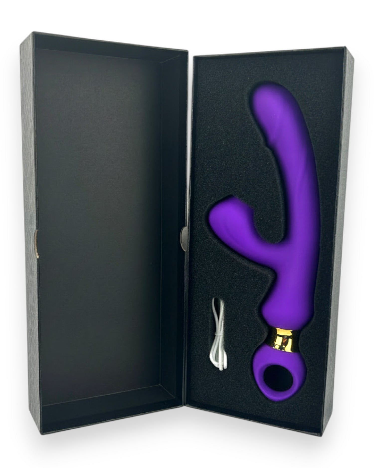 Vibrador Lusty Ring con succión, punto G y plug anal, diseño elegante Glow & Vibe.