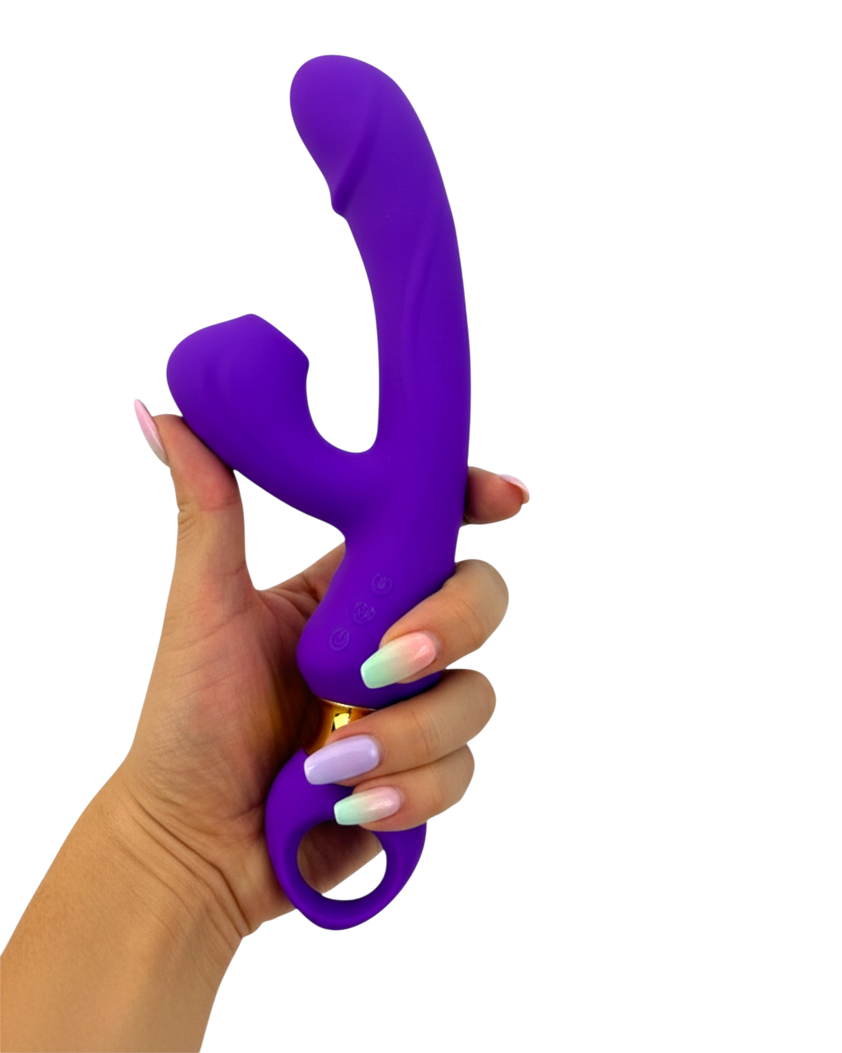 Vibrador Lusty Ring con succión, punto G y plug anal, diseño elegante Glow & Vibe.