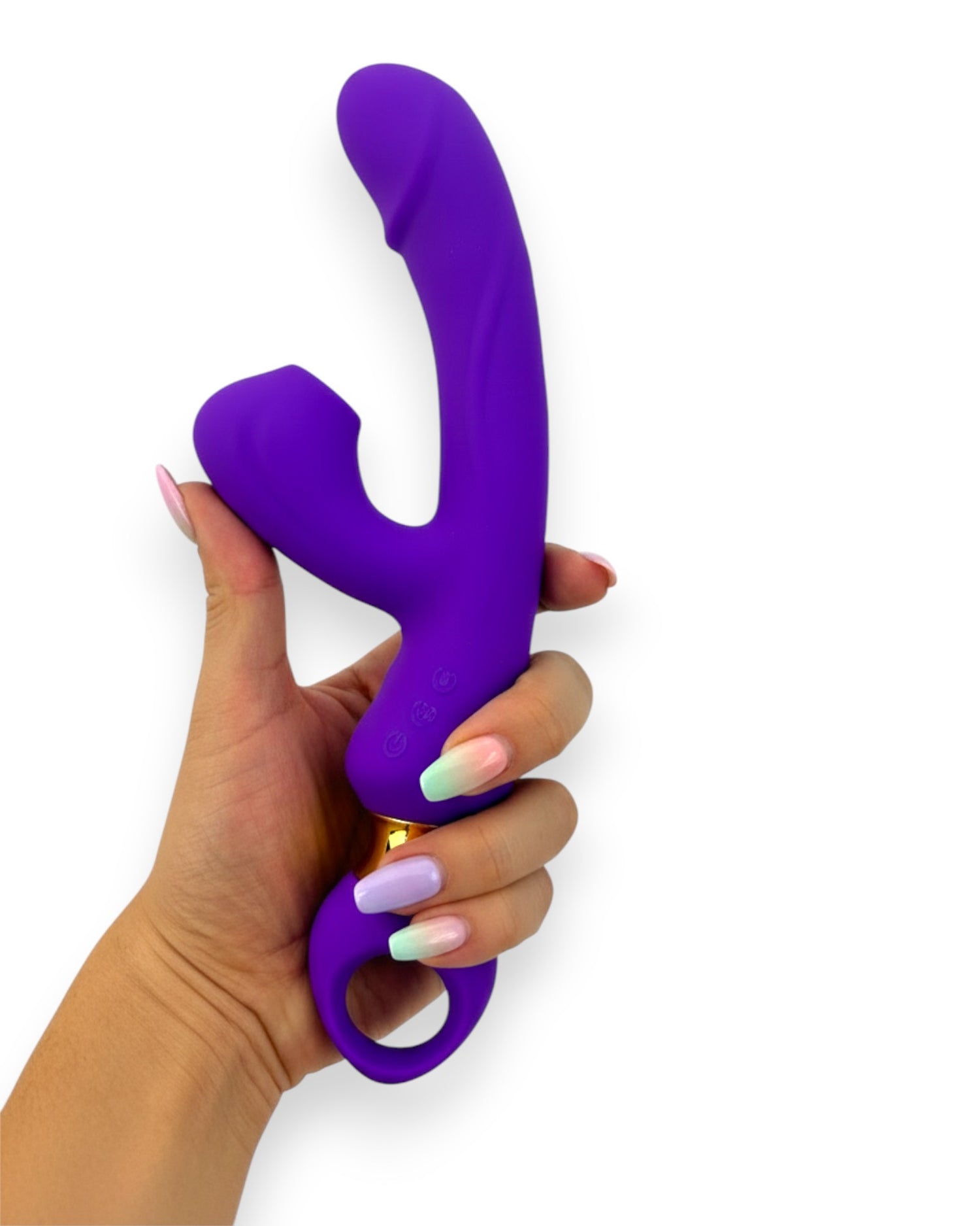 Vibrador Lusty Ring con succión, punto G y plug anal, diseño elegante Glow & Vibe.