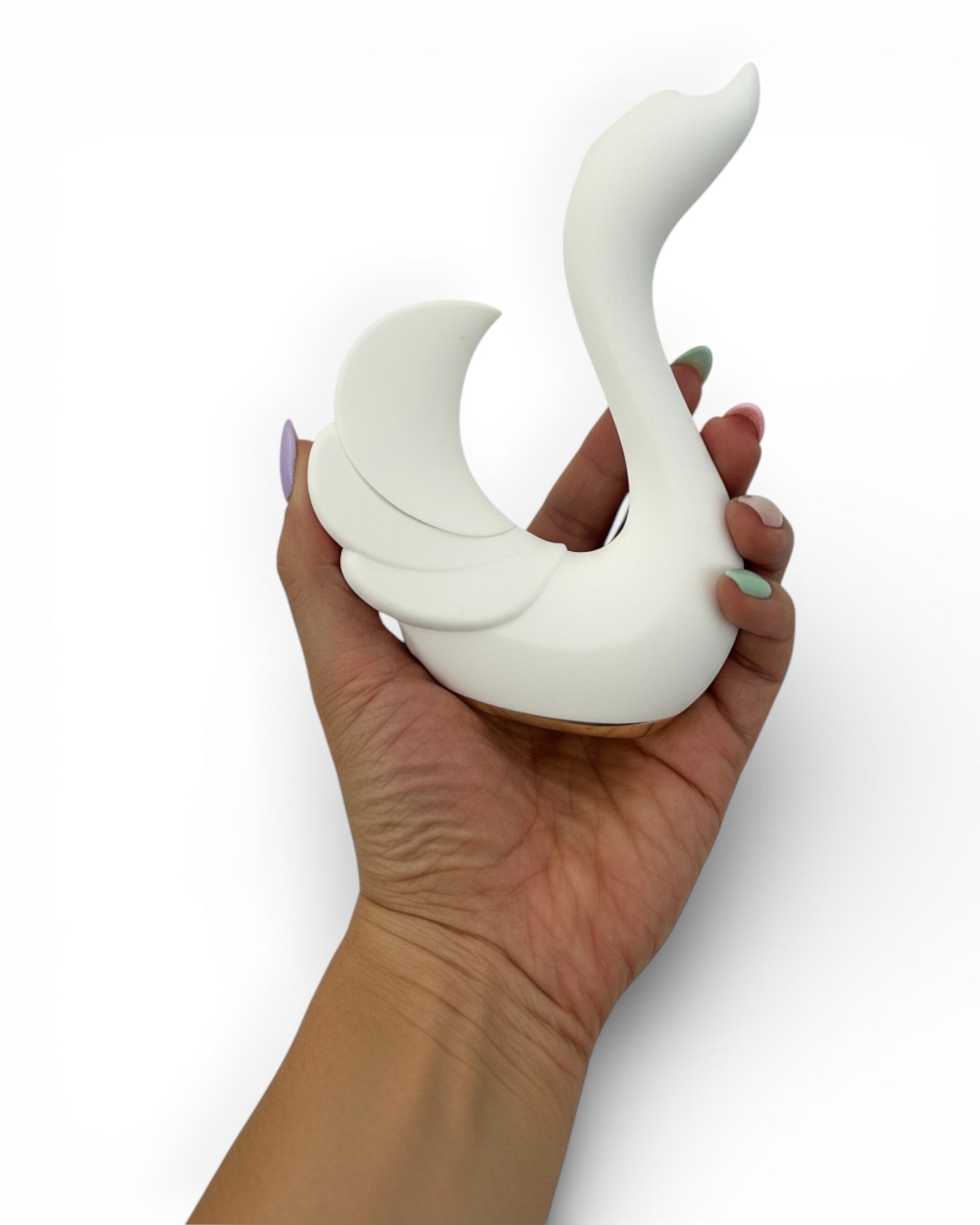 Vibrador Magic Swan con succionador clitorial, diseño elegante inspirado en cisne, Glow & Vibe.