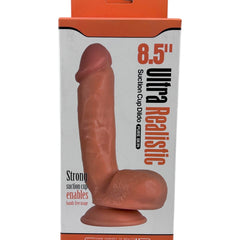 Dildo ultra realista Real King Magic Flesh con ventosa y testículos, textura suave y detallada, marca Glow & Vibe.