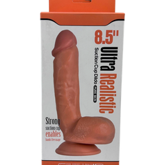 Dildo ultra realista Real King Magic Flesh con ventosa y testículos, textura suave y detallada, marca Glow & Vibe.
