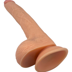 Dildo ultra realista Real King Magic Flesh con ventosa y testículos, textura suave y detallada, marca Glow & Vibe.