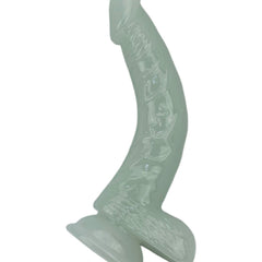 Dildo fluorescente Glow Rider con ventosa y forma curva, brilla en la oscuridad, marca Glow & Vibe.