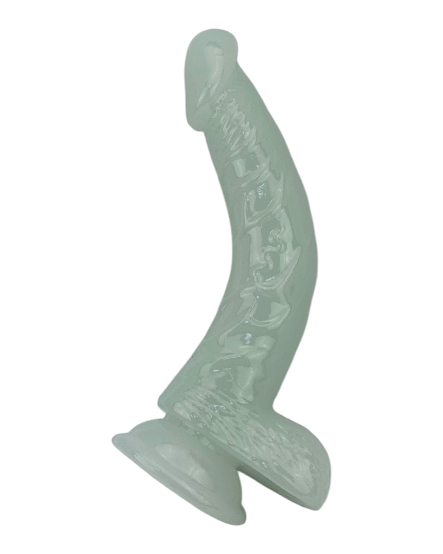 Dildo fluorescente Glow Rider con ventosa y forma curva, brilla en la oscuridad, marca Glow & Vibe.