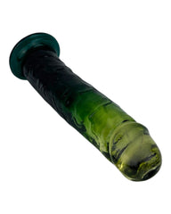 Dildo bicolor de gel Aurora Glow con ventosa, diseño elegante y vibrante inspirado en auroras, marca Glow & Vibe.