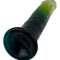 Dildo bicolor de gel Aurora Glow con ventosa, diseño elegante y vibrante inspirado en auroras, marca Glow & Vibe.