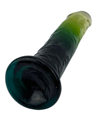 Dildo bicolor de gel Aurora Glow con ventosa, diseño elegante y vibrante inspirado en auroras, marca Glow & Vibe.