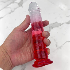 Dildo bicolor de gel Aurora Glow con ventosa, diseño elegante y vibrante inspirado en auroras, marca Glow & Vibe.