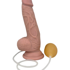 Dildo realista Real Shot con testículos, ventosa y función de eyaculación, marca Glow & Vibe.