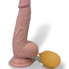 Dildo realista Real Shot con testículos, ventosa y función de eyaculación, marca Glow & Vibe.