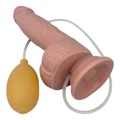 Dildo realista Real Shot con testículos, ventosa y función de eyaculación, marca Glow & Vibe.