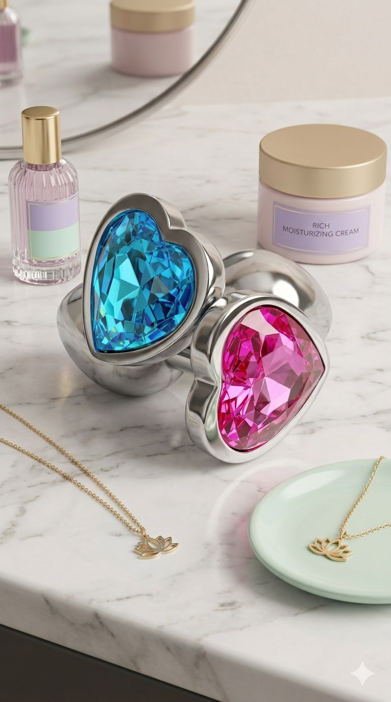 Butt plug metálico Gema Heart con brillante gema en forma de corazón, diseño elegante y coqueto de Glow & Vibe.