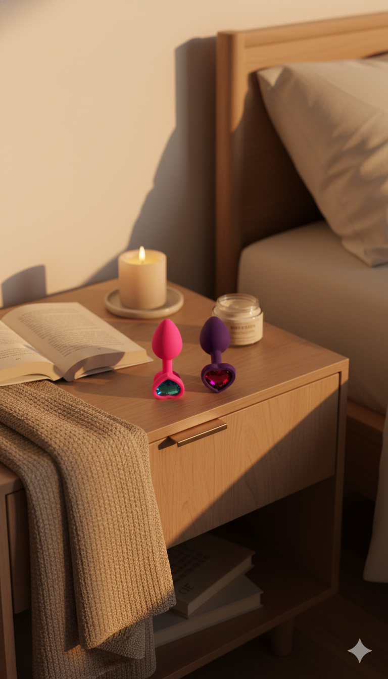 Plug anal Gema Bright de silicón suave con gema redonda, disponible en negro y rosa neón, diseño brillante de Glow & Vibe.