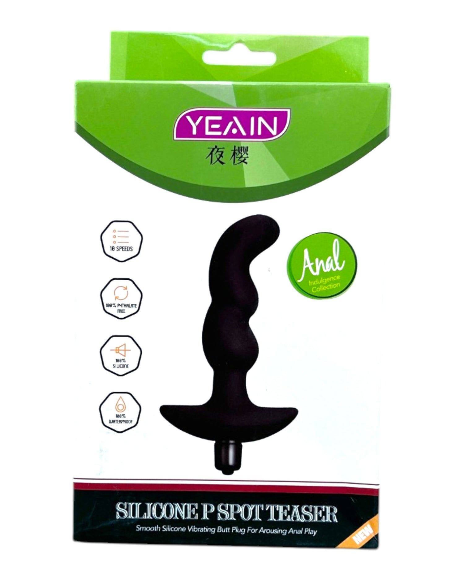 Plug anal P-Spot Vibe de silicón suave para estimulación prostática, con 10 funciones de vibración, marca Glow & Vibe.