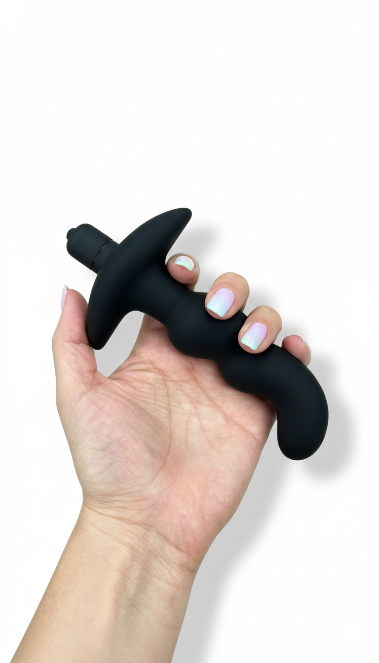 Plug anal P-Spot Vibe de silicón suave para estimulación prostática, con 10 funciones de vibración, marca Glow & Vibe.