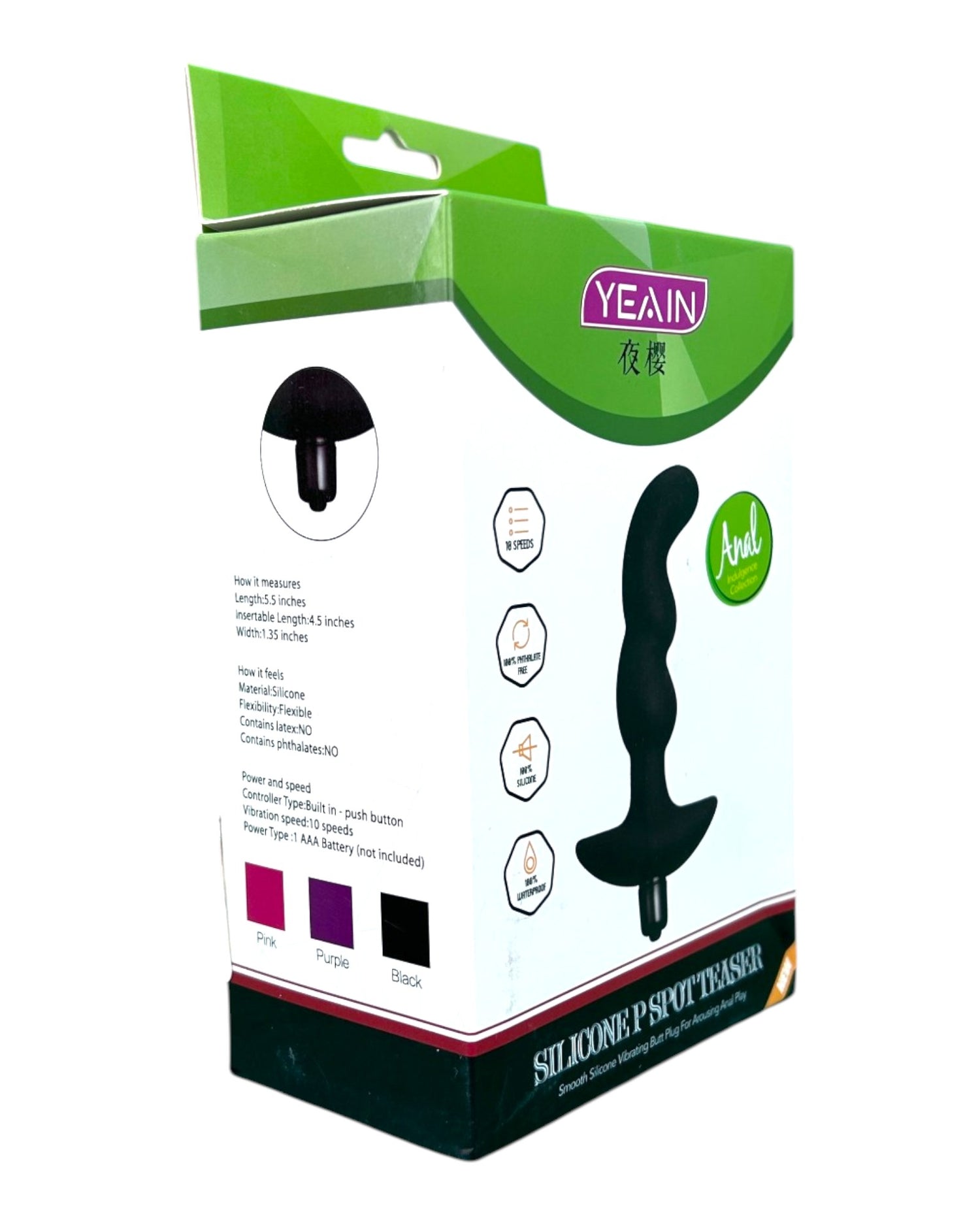 Plug anal P-Spot Vibe de silicón suave para estimulación prostática, con 10 funciones de vibración, marca Glow & Vibe.