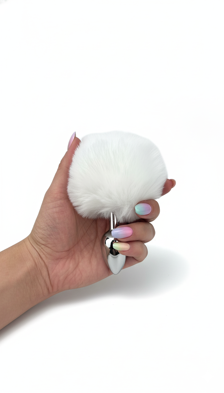 Plug anal Bunny Glow con cola de conejo de peluche esponjosa, metálico y elegante, marca Glow & Vibe.