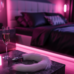 Plug anal Foxy Snow metálico con cola blanca de peluche, diseño elegante y sofisticado de Glow & Vibe.