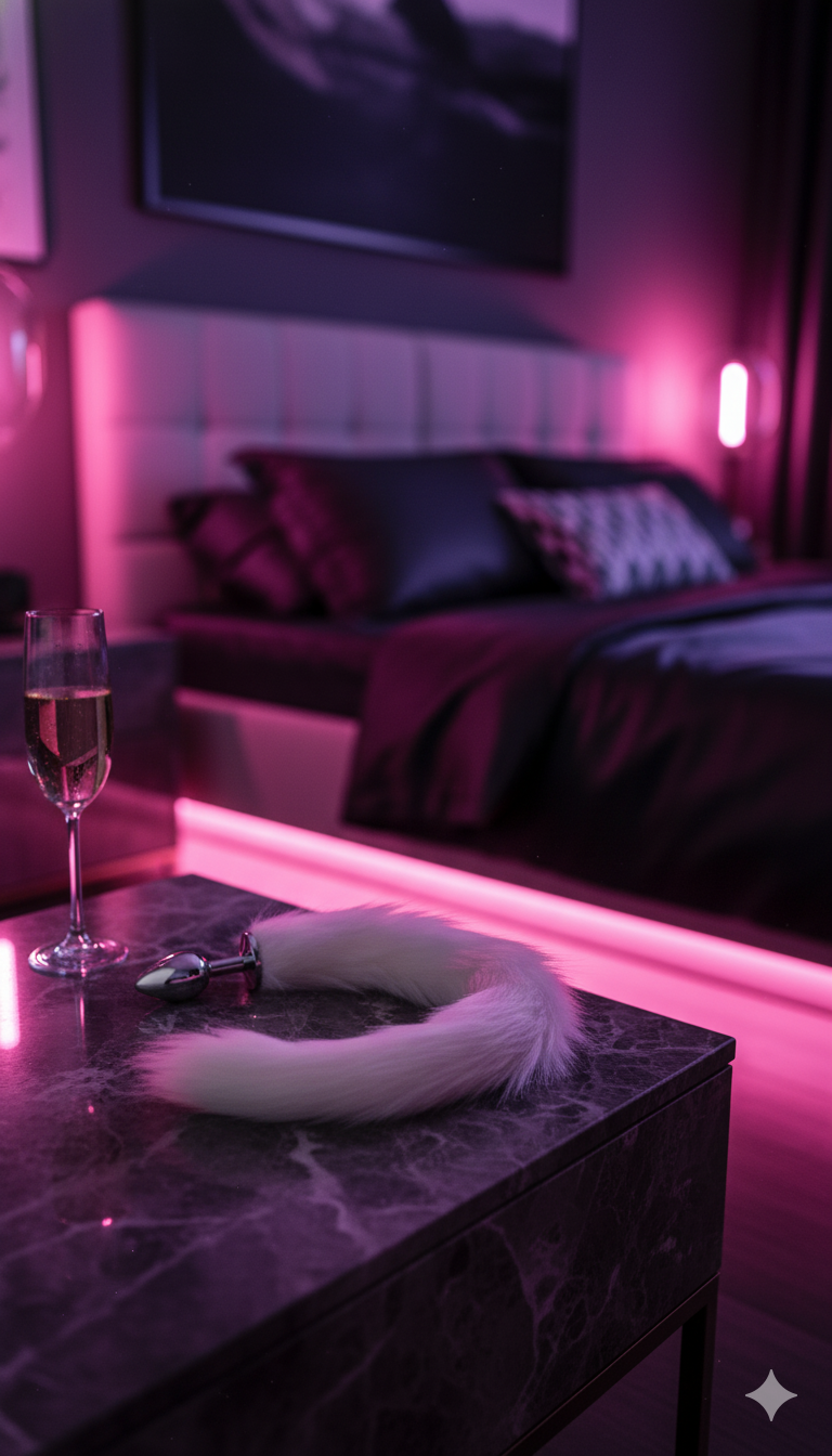 Plug anal Foxy Snow metálico con cola blanca de peluche, diseño elegante y sofisticado de Glow & Vibe.