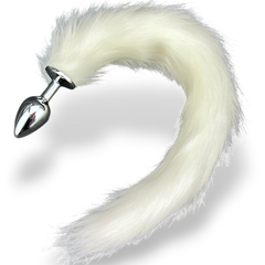 Plug anal Foxy Snow metálico con cola blanca de peluche, diseño elegante y sofisticado de Glow & Vibe.