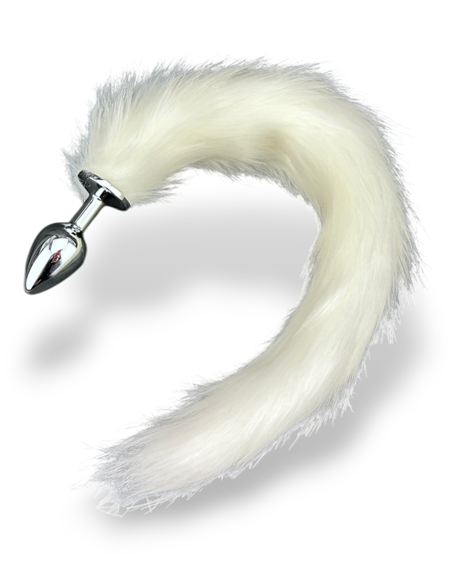 Plug anal Foxy Snow metálico con cola blanca de peluche, diseño elegante y sofisticado de Glow & Vibe.